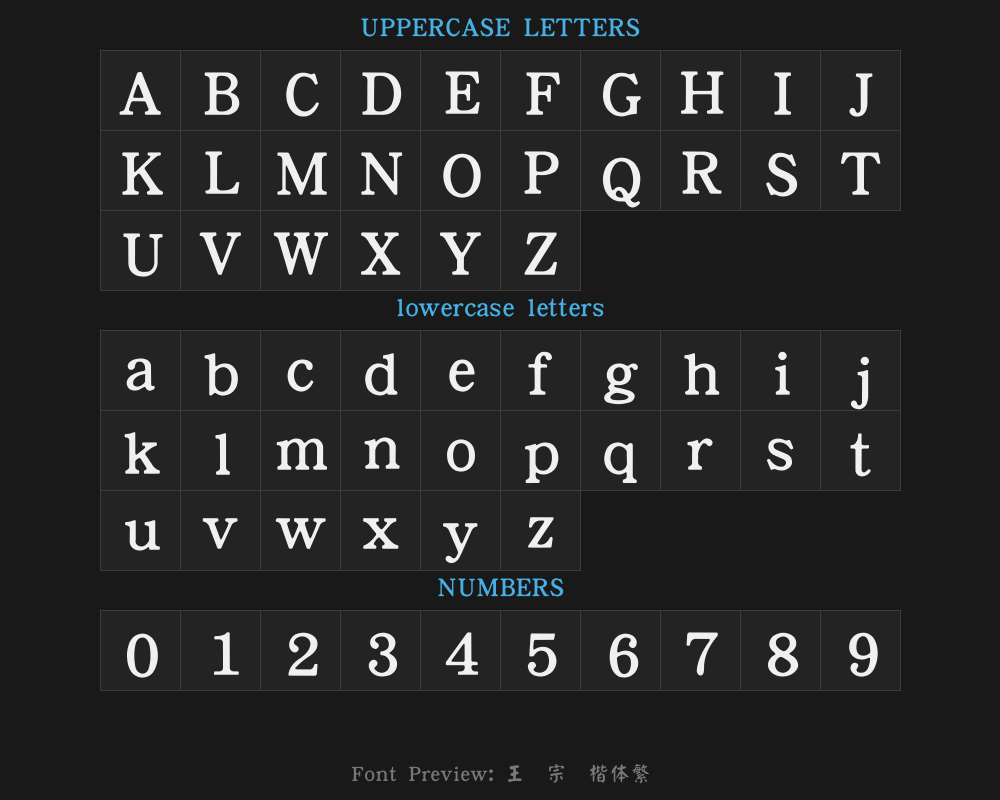 Wang Hanzong, Yan Kai typeface, traditional typePreview