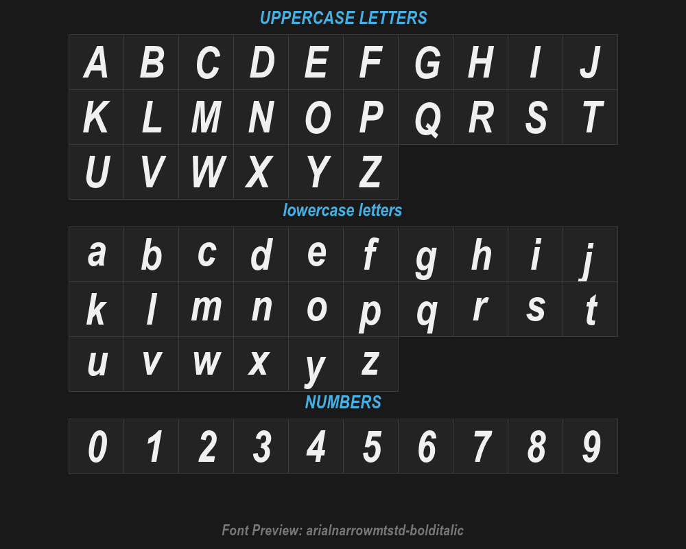 arialnarrowmtstd-bolditalicPreview